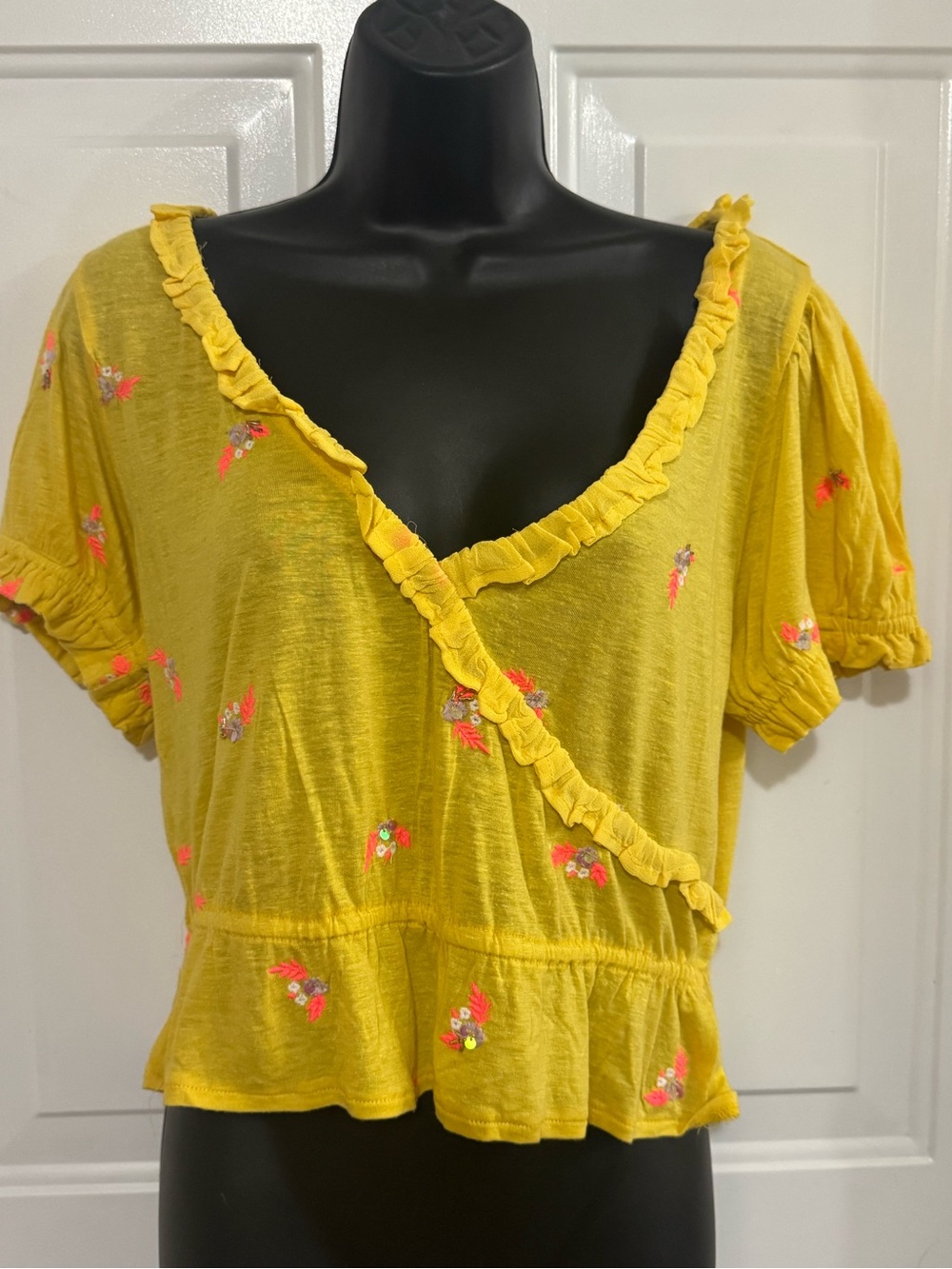 Women's Yellow Ruffle Wrap-Style Peplum Top